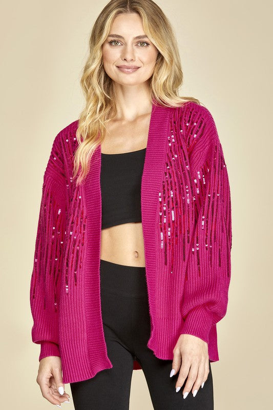 Open Front Ribbed Vertical Sequin Detail Cardigan - Fuchsia