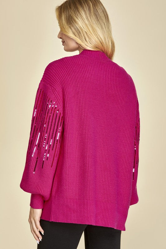 Open Front Ribbed Vertical Sequin Detail Cardigan - Fuchsia