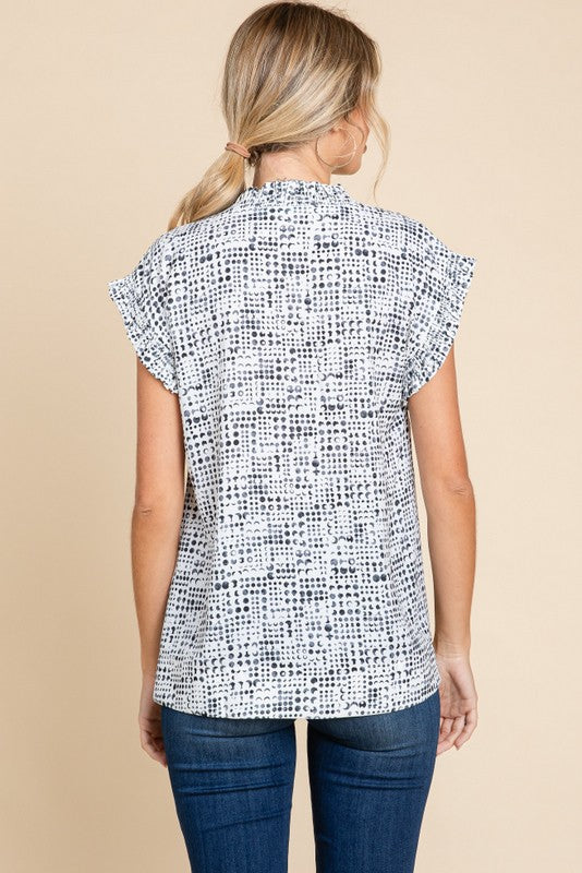 Circle Print V-Neck Frill Detail Shirt - Wht/Blk