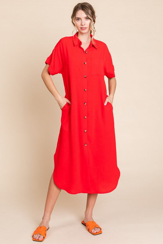 Solid Button Down Pocket Midi Dress