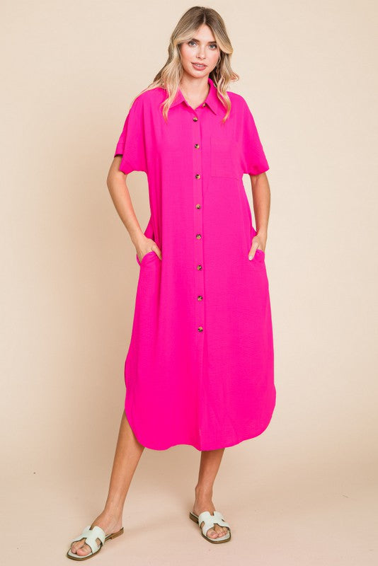 Solid Button Down Pocket Midi Dress