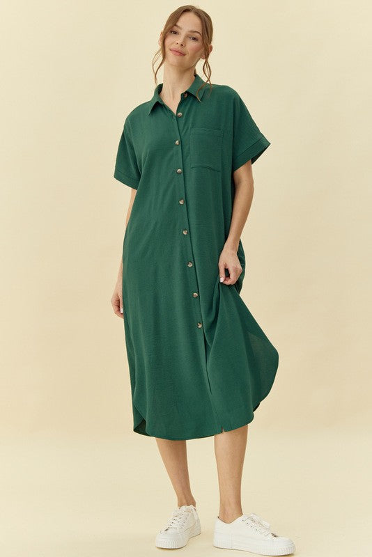 Solid Button Down Pocket Midi Dress - Fall