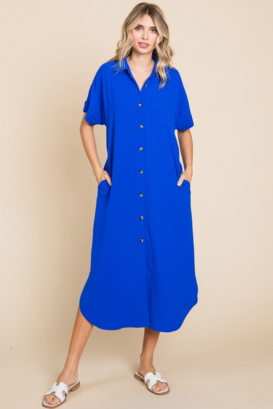 Solid Button Down Pocket Midi Dress