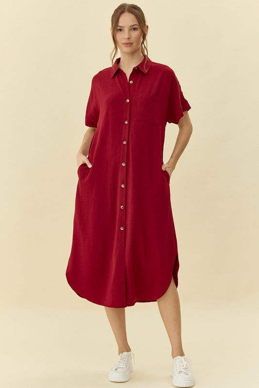 Solid Button Down Pocket Midi Dress - Fall