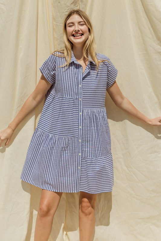 Contrast Stripe Button Down Collared Dress - Nvy/Wht