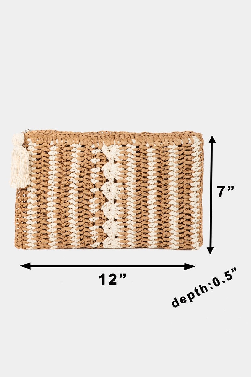 Knitted Straw Zip Tassel Bag