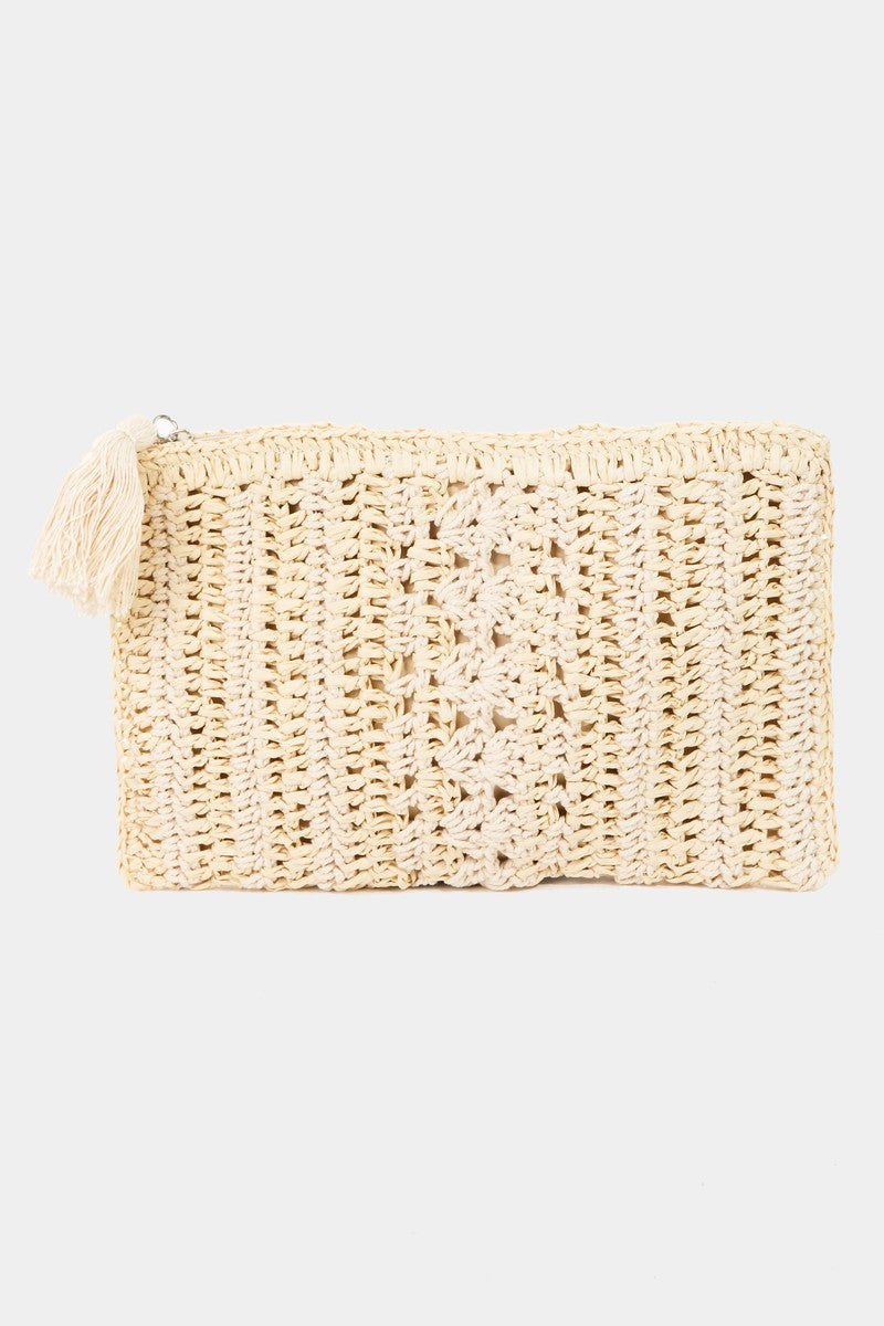 Knitted Straw Zip Tassel Bag
