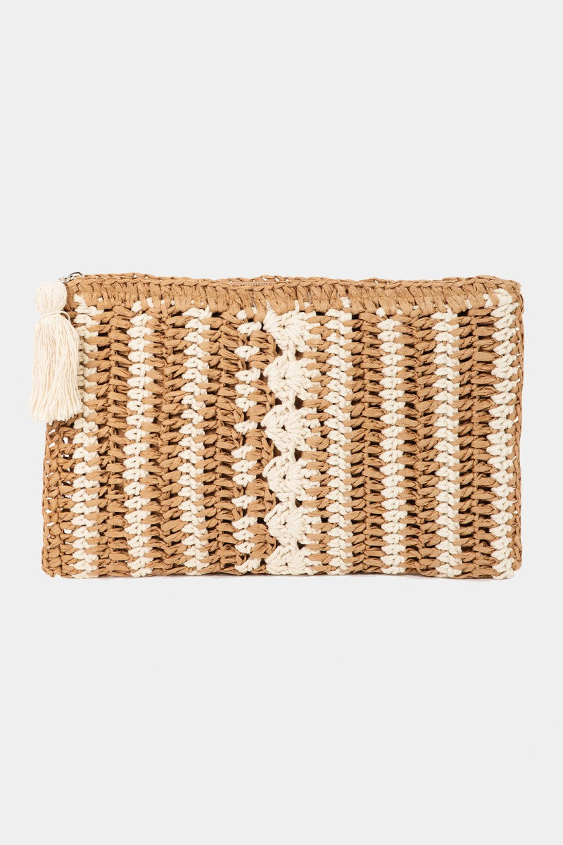 Knitted Straw Zip Tassel Bag