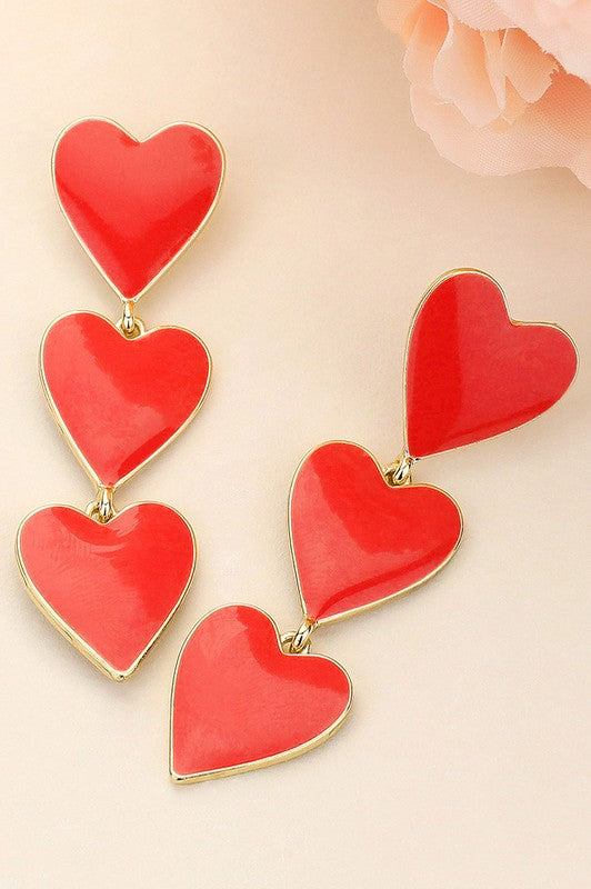 Triple Enamel Heart Drop Earrings