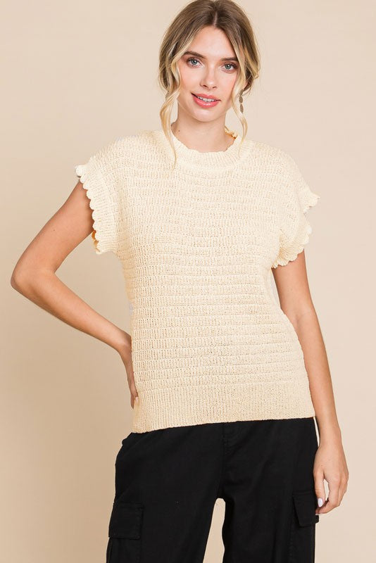 Textured Stripe Scallop Edge Short Sleeve Sweater