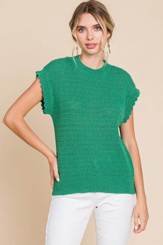 Textured Stripe Scallop Edge Short Sleeve Sweater