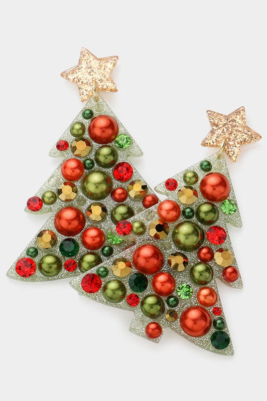 Pearl & Rhinestone Resin Christmas Tree Earring