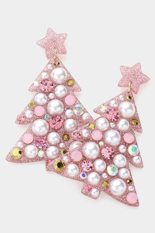 Pearl & Rhinestone Resin Christmas Tree Earring