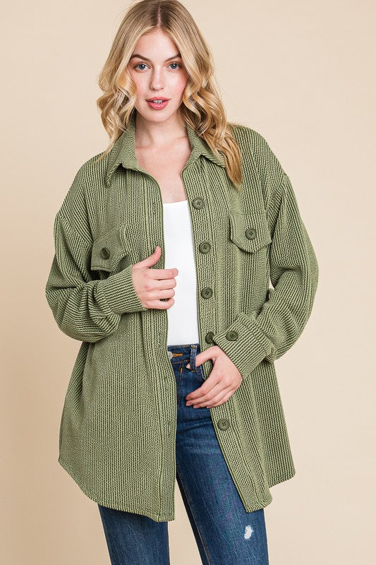 Ribbed Long Sleeve Button Up Jacket