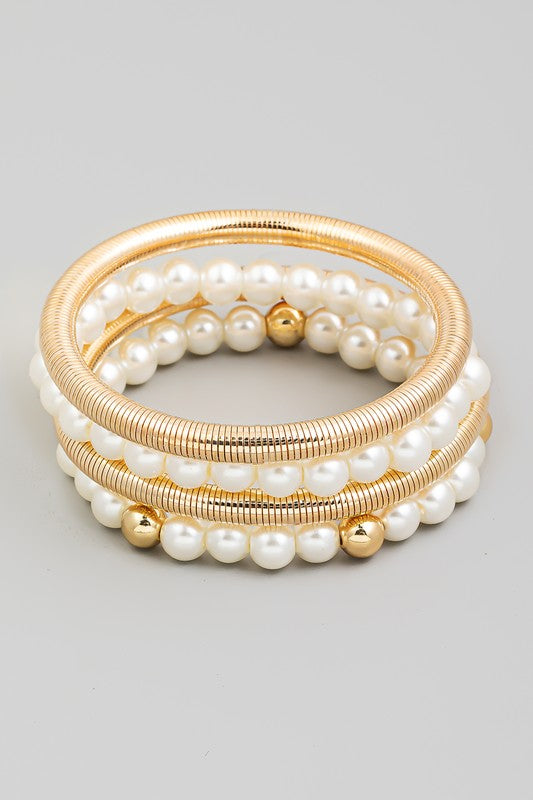 Pearl Beaded Elastic Metallic Bracelet Set