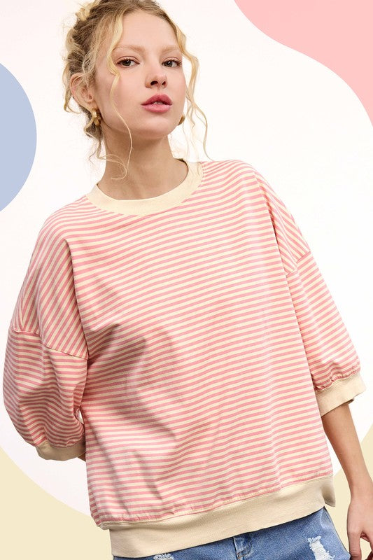 Striped Crew Neck 3/4 Sleeve Top