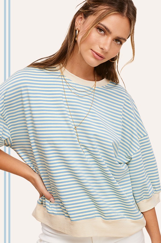 Striped Crew Neck 3/4 Sleeve Top