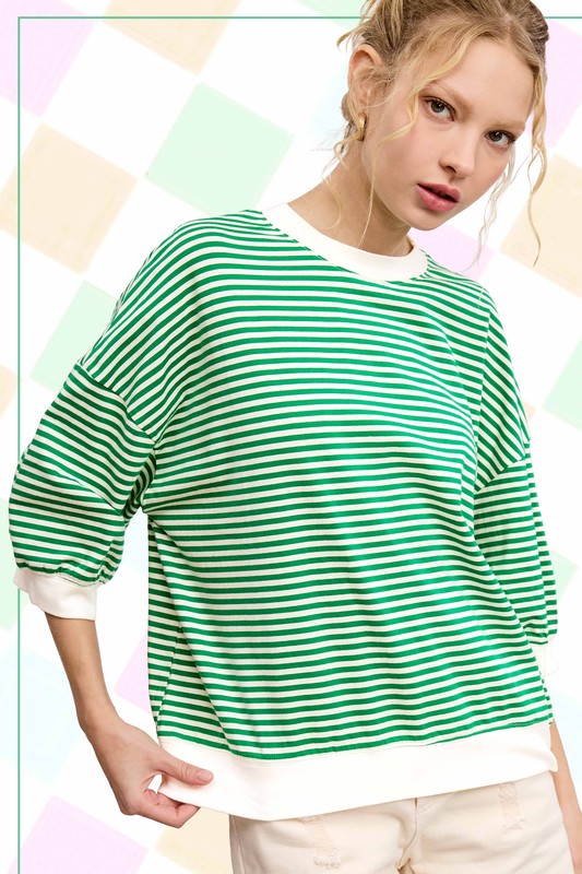 Striped Crew Neck 3/4 Sleeve Top