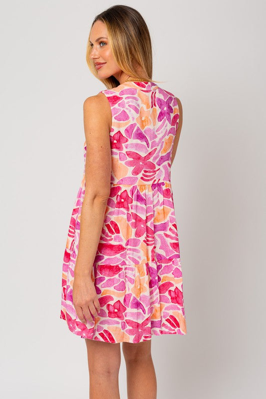 Floral Sleeveless Button Detail Tiered Dress - Fuchsia