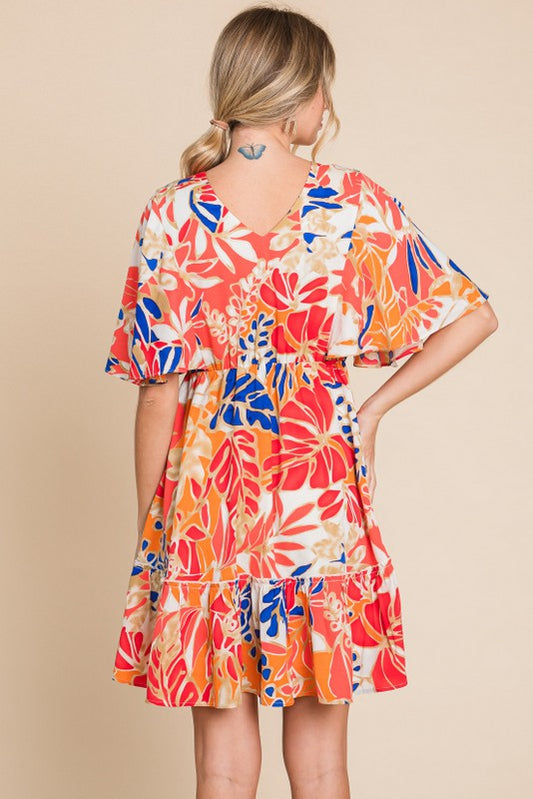 Tropical Print Butterfly Sleeve V-Neck Dress - Coral