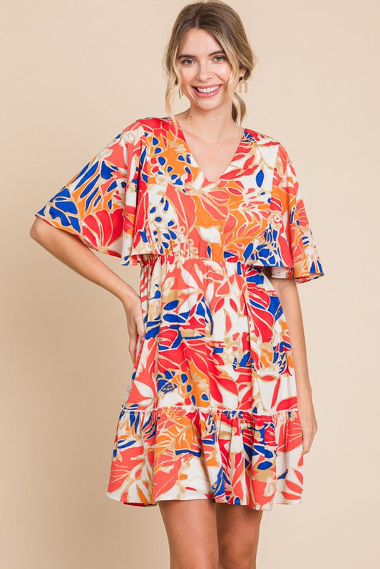 Tropical Print Butterfly Sleeve V-Neck Dress - Coral