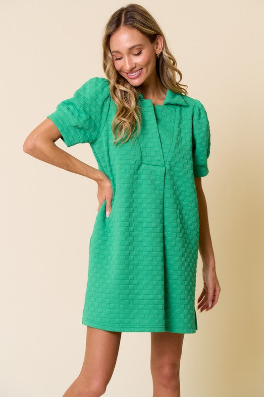 Textured Collared V-Neck Puff Sleeve Dress