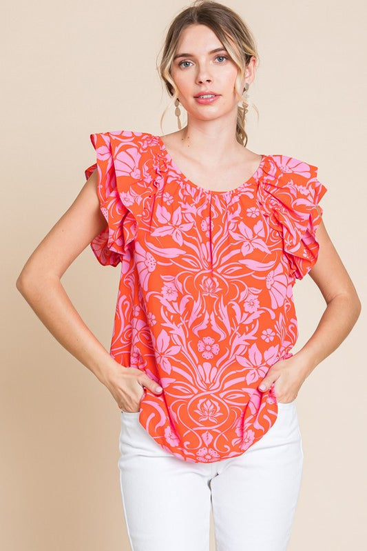 Floral Ruffle Layer Sleeve Top - Orange