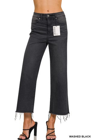 High Rise Crop Wide Leg Fray Hem Denim-Washed Black