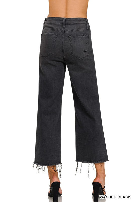 High Rise Crop Wide Leg Fray Hem Denim-Washed Black