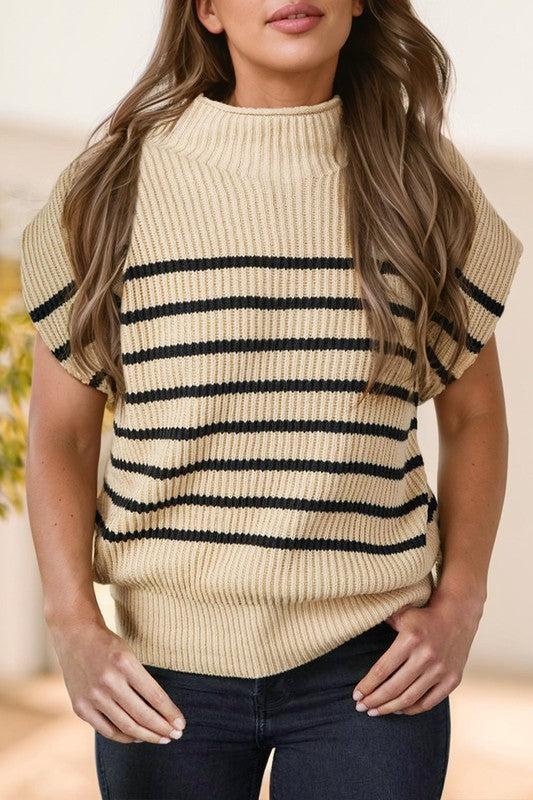 Striped Short Sleeve Mock Neck Sweater-Tan