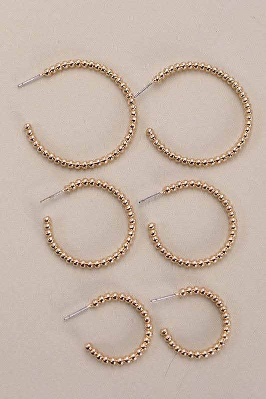 Gold Ball Bead Hoop Trio Earring Set