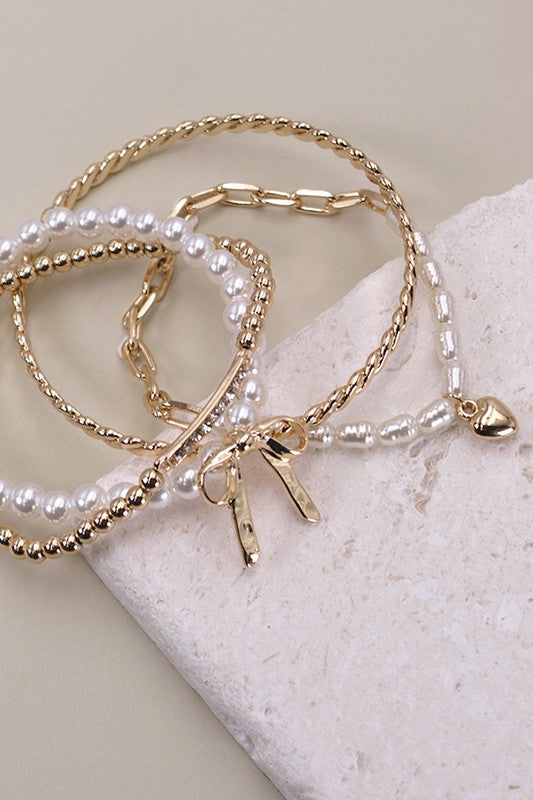 Pearl Bow &  Heart Charm Bangle Bracelet Set