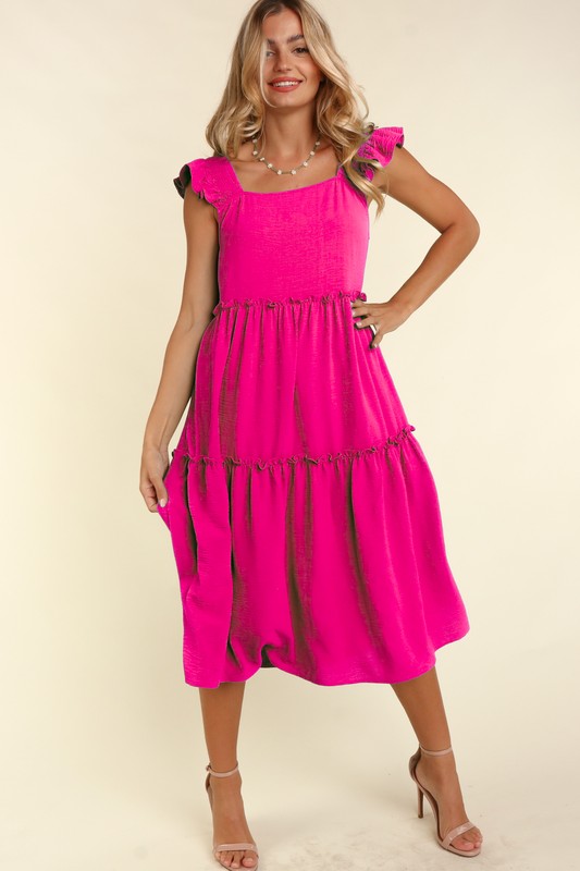 Solid Square Neck Smocked Ruffle Strap Tiered Midi Dress