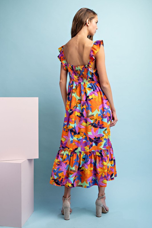 Floral Ruffle Strap Square Neck Tiered Midi Dress