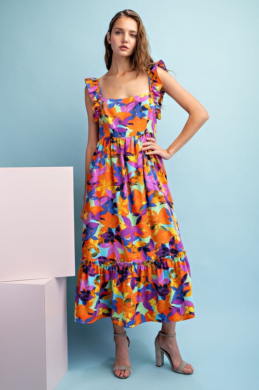 Floral Ruffle Strap Square Neck Tiered Midi Dress