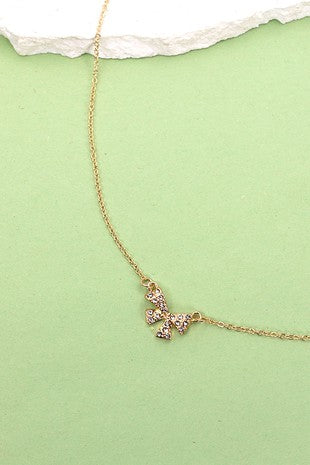 Mini Rhinestone Bow Charm Necklace - Gold