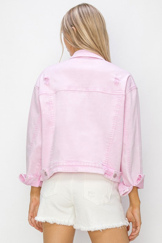 Oversized Distressed Denim Jacket - Acid Pink
