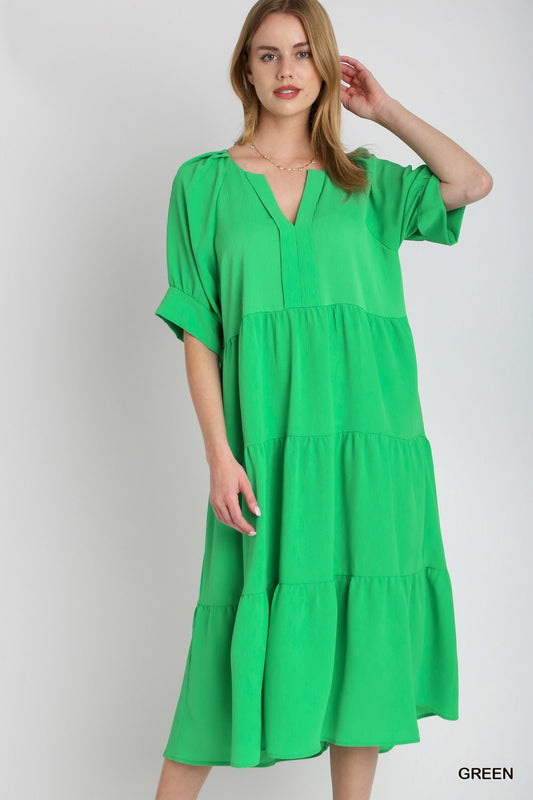 Solid V-Neck Tiered Tucked Sleeve Midi Dress - Green