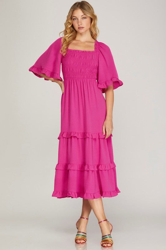 Bell Sleeve Square Neck Smocked Tiered Midi Dress - Hot Pink