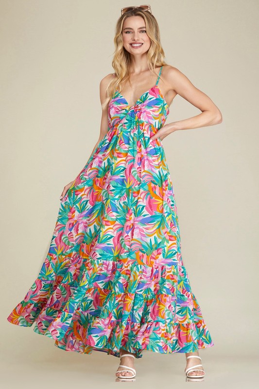 Tropical Print Spaghetti Strap Tiered Maxi Dress