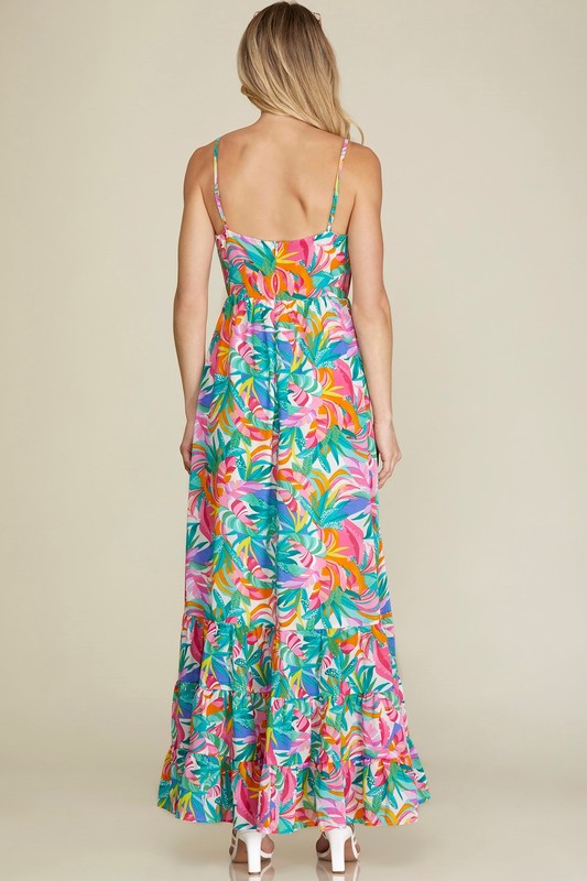 Tropical Print Spaghetti Strap Tiered Maxi Dress