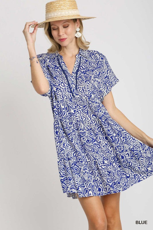 Floral Paisley Collared V-Neck Tiered Dress - Blue