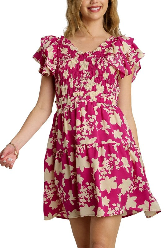 Floral V-Neck Smocked Top Tiered Dress - Magenta