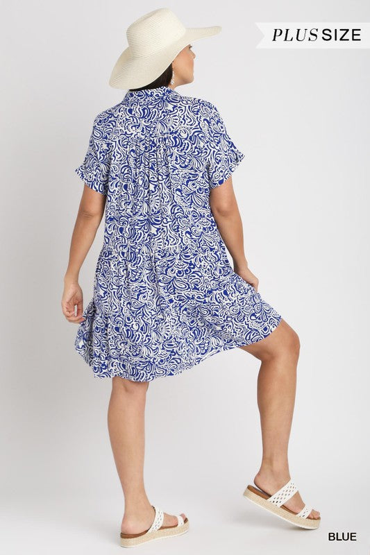 Floral Paisley Collared V-Neck Tiered Dress - Blue