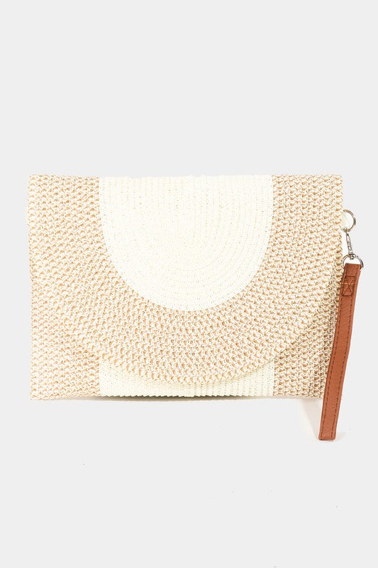 Mixed Two Tone Rounded Flap Straw Clutch
