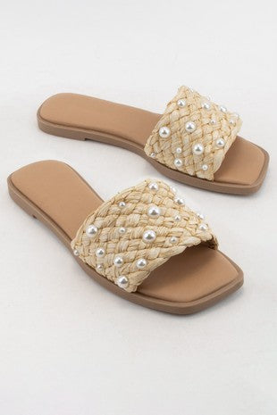 Raffia Pearl Studded Slide Sandal