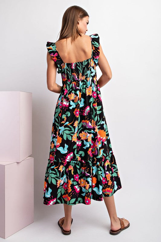 Floral Square Neck Smocked Back Ruffle Hem Midi Dress - Black
