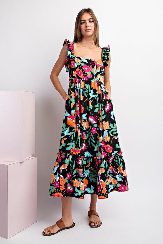 Floral Square Neck Smocked Back Ruffle Hem Midi Dress - Black