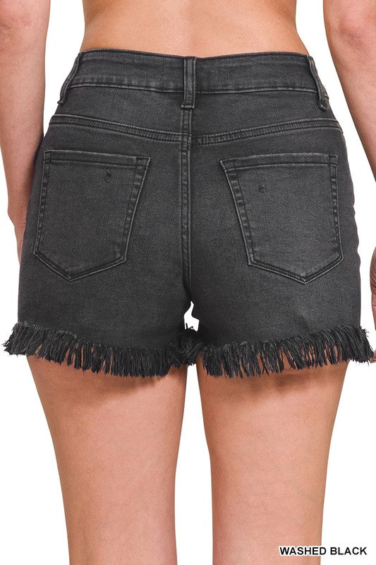 Mid Rise Fray Hem Washed Black Short
