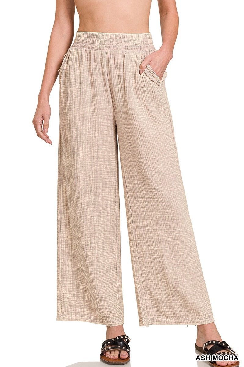 Double Washed Gauze Elastic Waist Pant-Ash Mocha